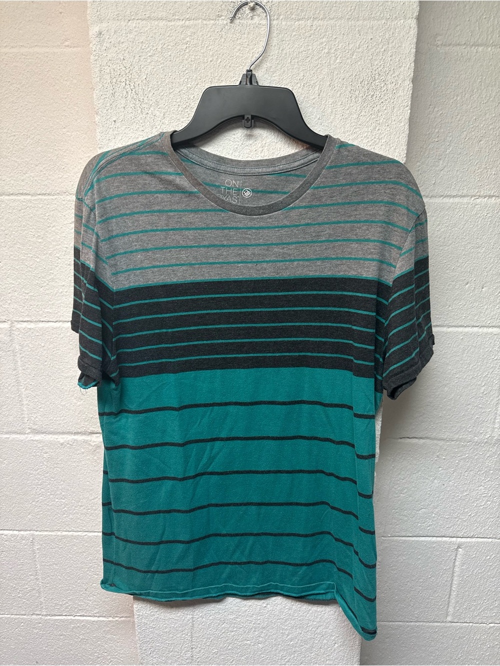 Men's Teal and Gray Striped Short-Sleeve Crewneck Shirt